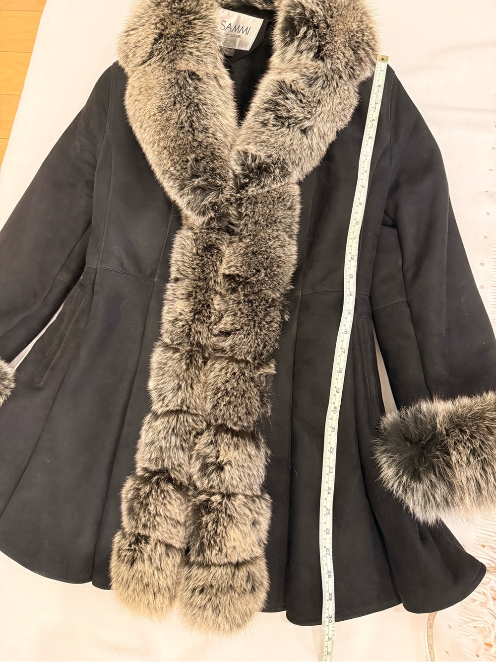 Black Lamb Shearling Coat with Fox Fur Trim - Picture 4 of 10